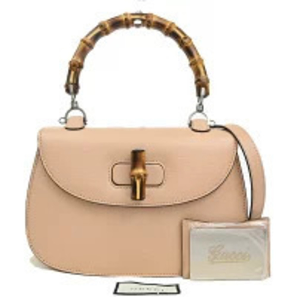 Gucci Bamboo Shoulder Handbag Leather Beige Silver